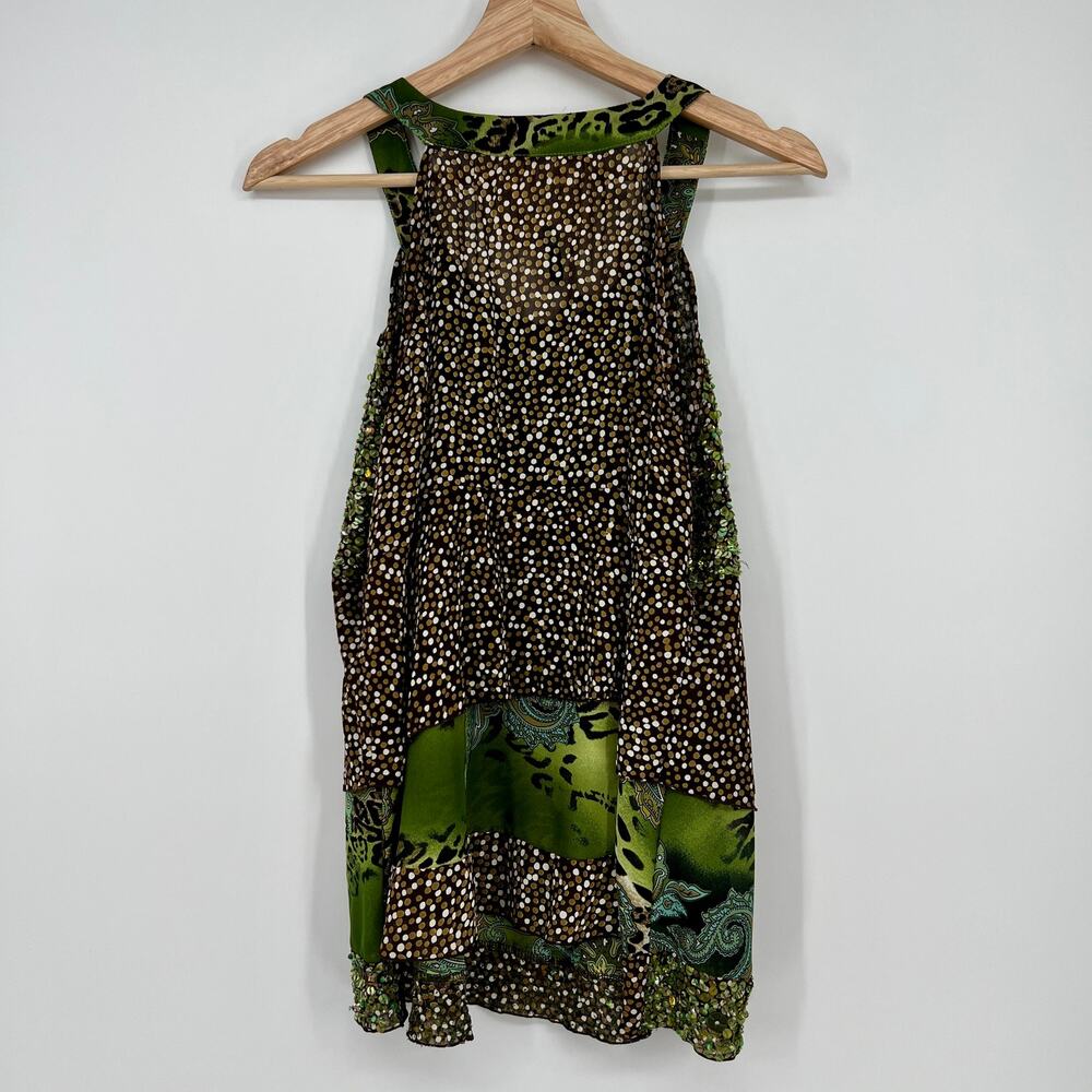 Vtg Faith Sequin Halter Cami Tank Top Women Large Mixed Animal Print Green Brown - Picture 2 of 11